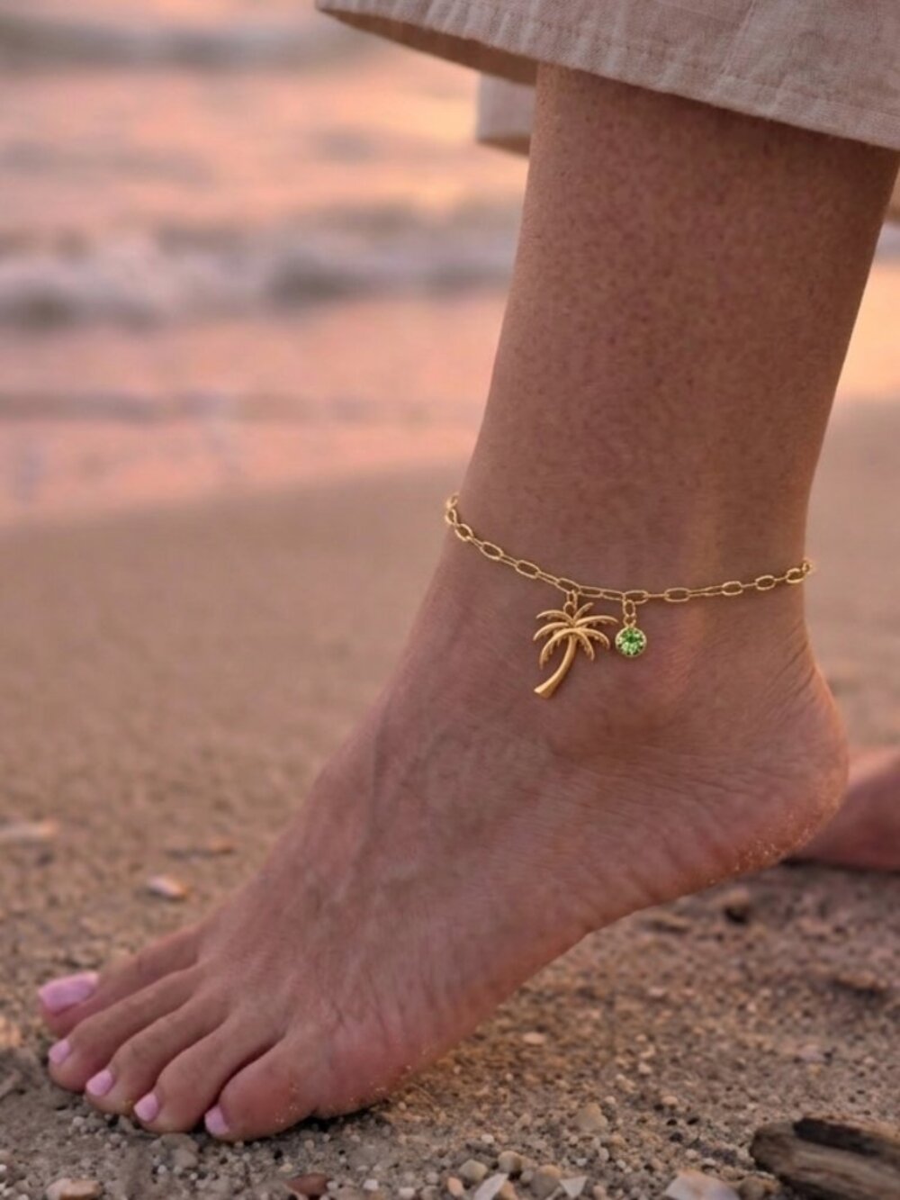 Tropical Coconut Tree Set Birthstone Pendant Anklet Beach Foot Chain Fashion